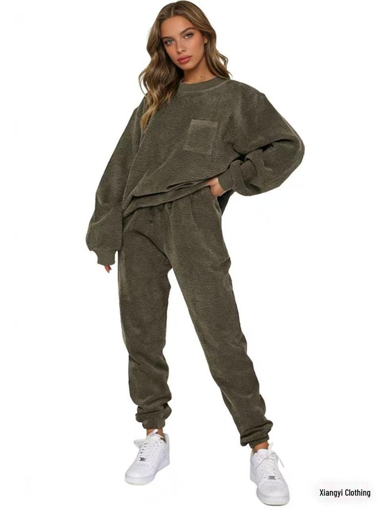 European & American Autumn/Winter Corduroy Solid Color Pullover with Foot-tie Pants Set