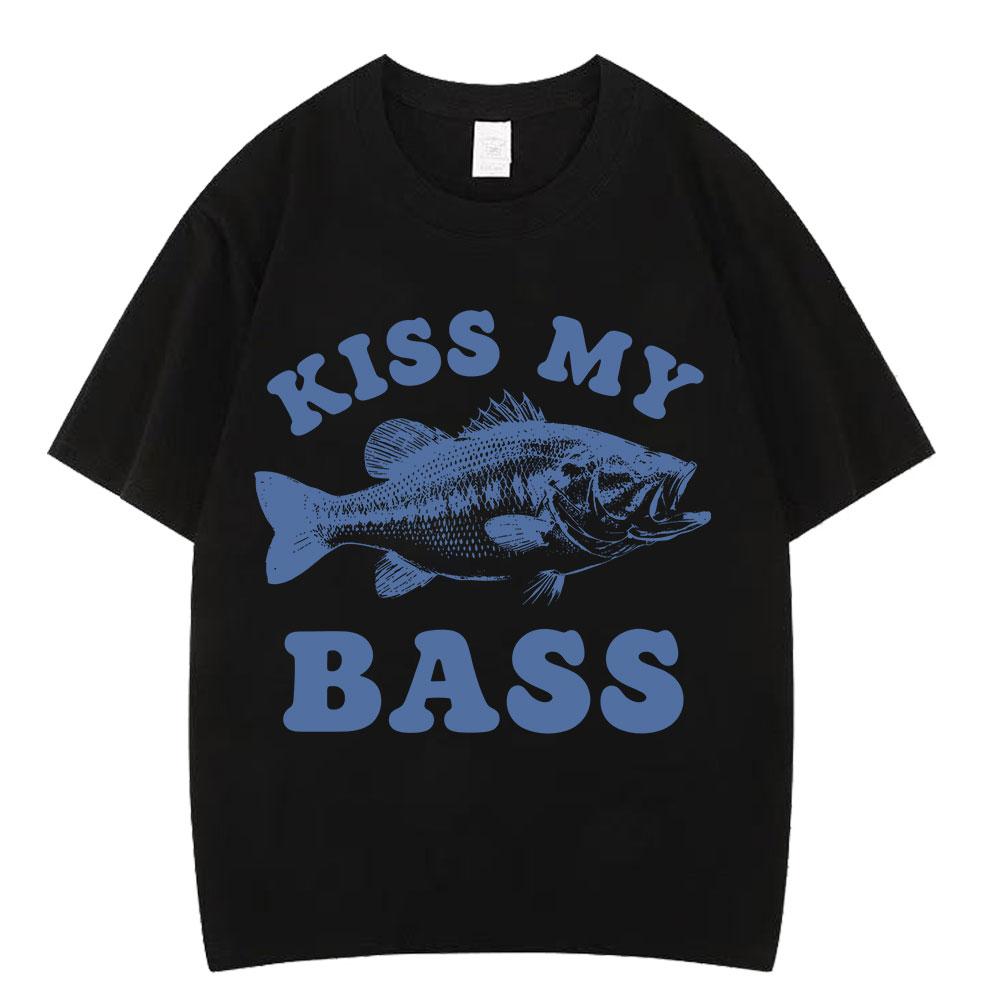 Retro Fishing T Shirt Kiss My Bass Funny Meme Tshirt Unisex Unisex Fashion Clothing T Shirt Summer Cotton Casual Tshirts Streetwear