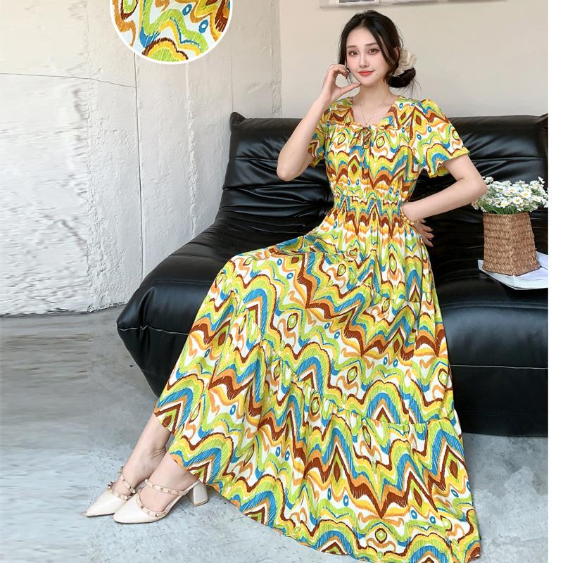Summer Cotton Silk Floral Print Maxi Dress Bohemian Beachwear High Waist Young Women's Large Skirt Swing Dress