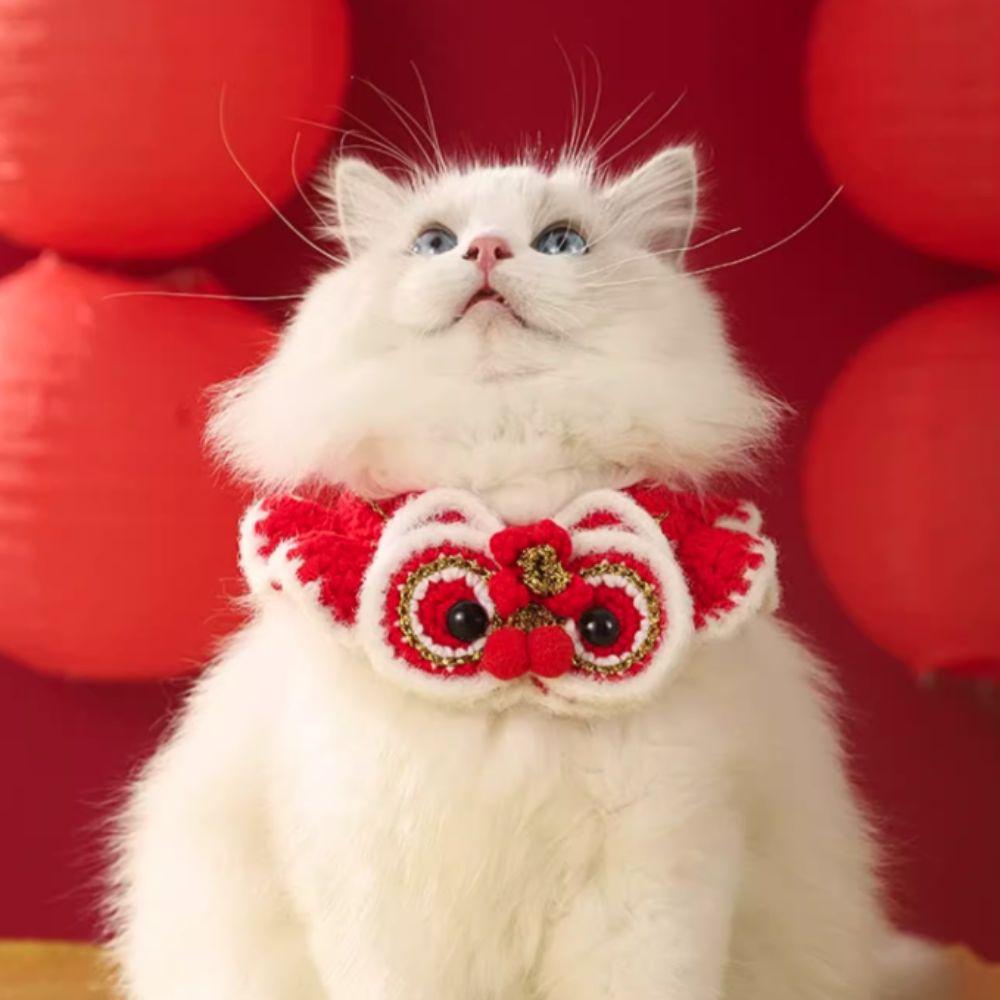 Roter Katze Schal Chinesischer Stil Haustier Lätzchen Katzenhalsband Neujahr Gestricktes Haustierhalsband für Katzen Welpen