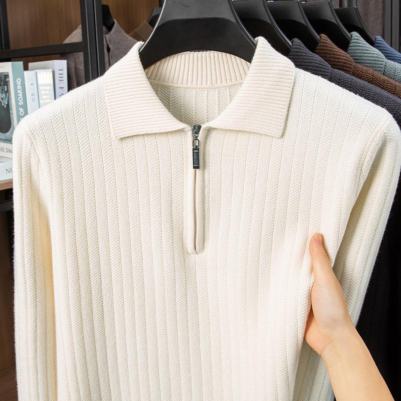 Men's Mid-Aged Half-Zip Knit Polo Shirt - Thick Solid Color Sweater for Autumn and Winter