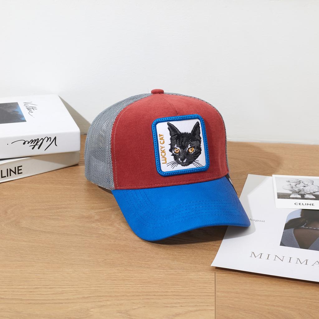 1PC Mesh Trucker Hat, Breathable, Embroidered Lucky Cat Patch, Color Block Streetwear
