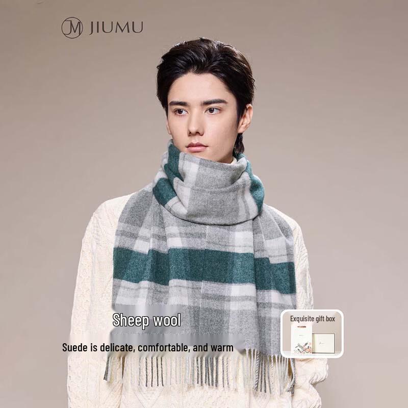 JIUMU Men's Pure Wool Plaid Scarf