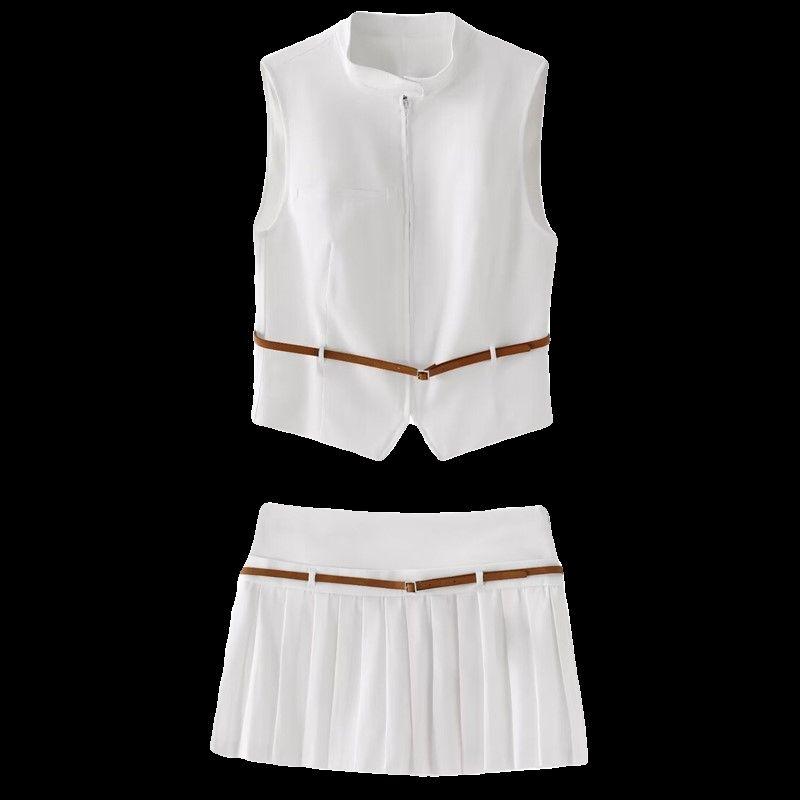 Fashion Style 2024 Spring and Summer New Women's Clothing Versatile Belt Vest Tops High Waist Width Pleated Skirt 2010816