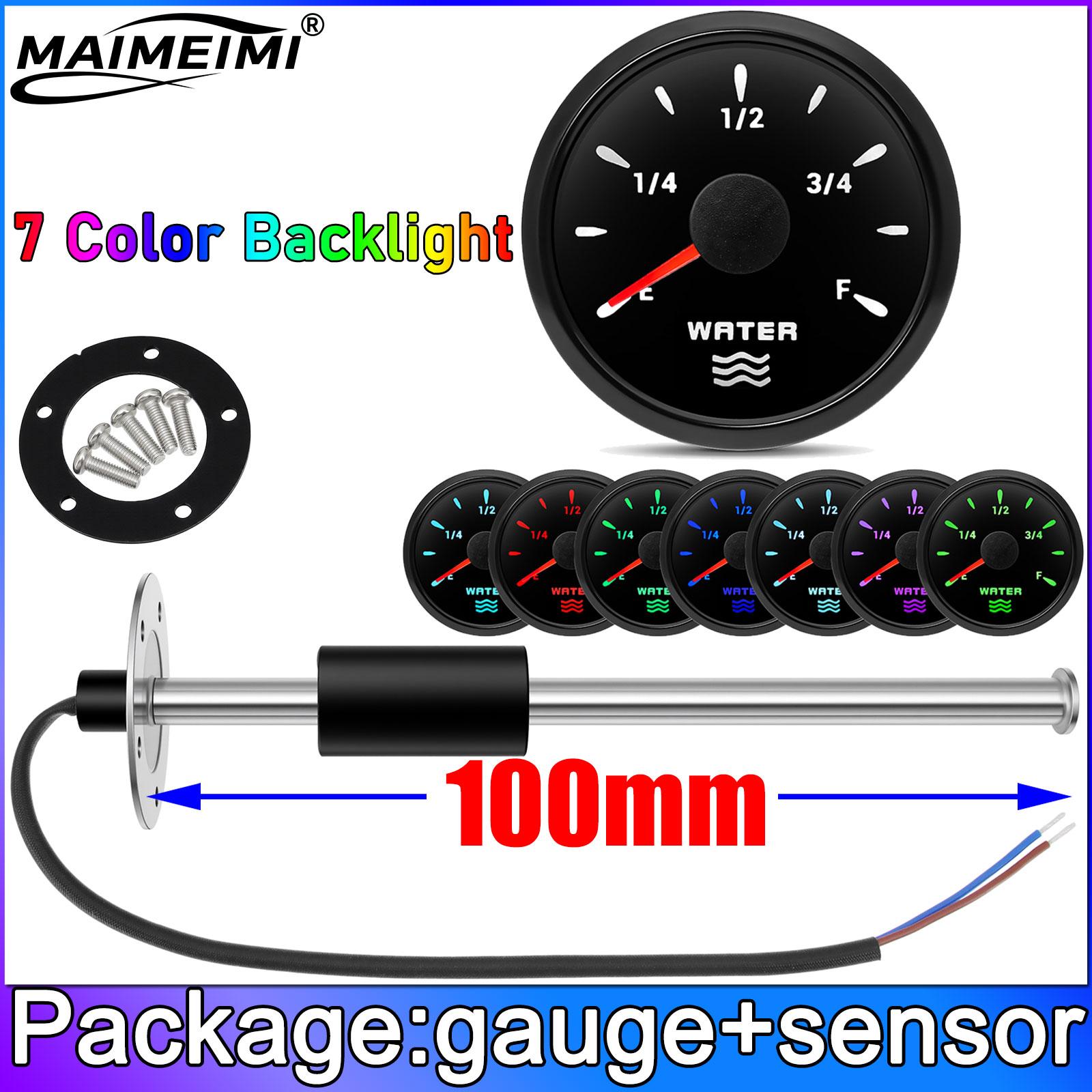 52mm Water Level Meter 0-190ohm Signal + 100MM-500mm Fuel Level Sensor 12V 24V with 7 Colors Backlight for SUV RV Fuel Level 100mm sensor