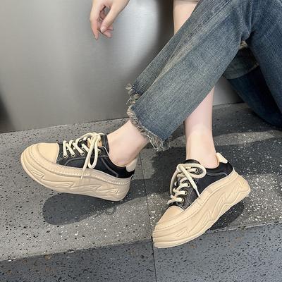 First Layer Cowhide Casual Bread Shoes Women's Spring and Autumn Fashion Versatile Platform Muffin Retro Sports Board Shoes Women