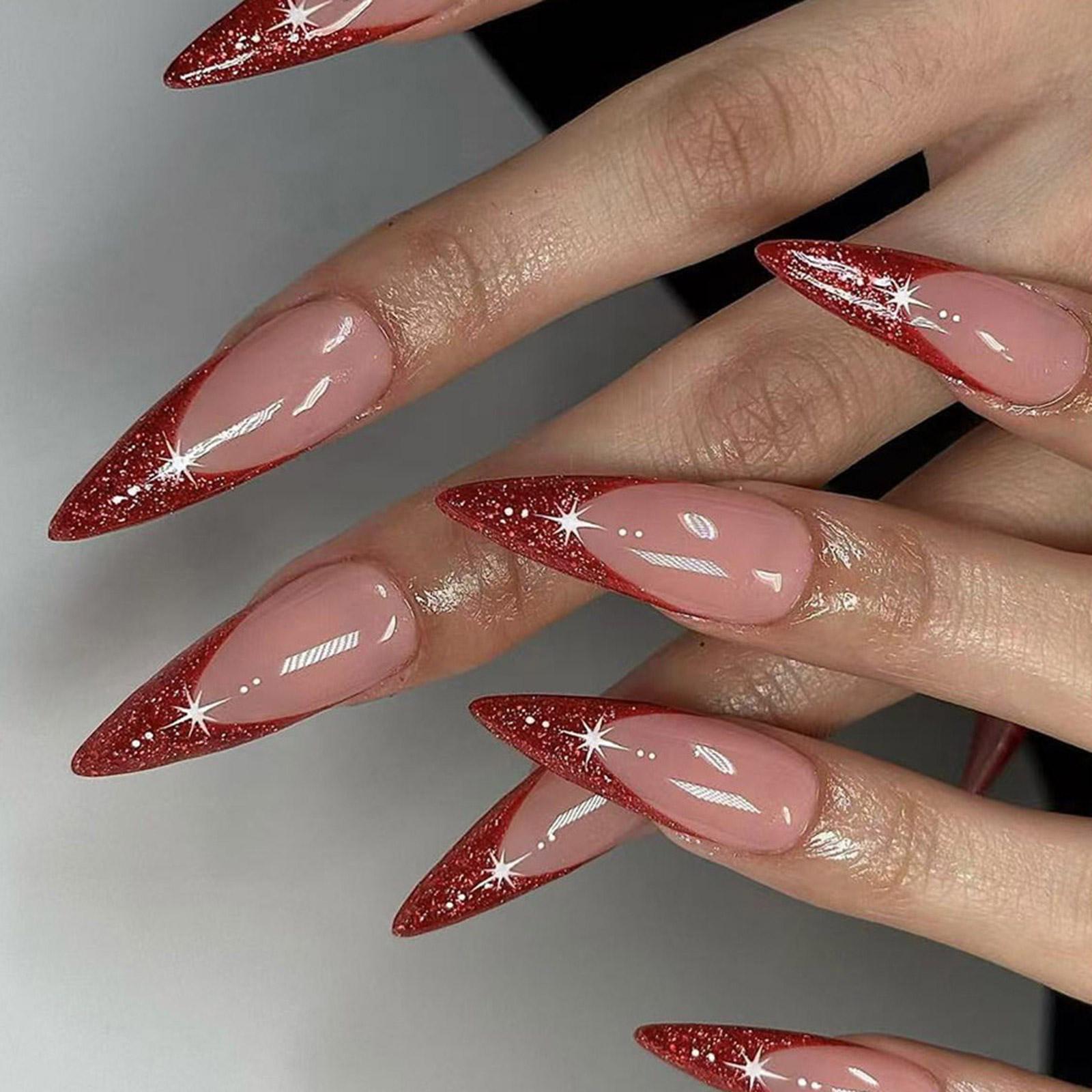 

24 шт. Накладные ногти с французским кончиком, длинные стилеты, полное покрытие, искусственные ногти, блестящие звезды, самоклеящиеся, искусственные ногти