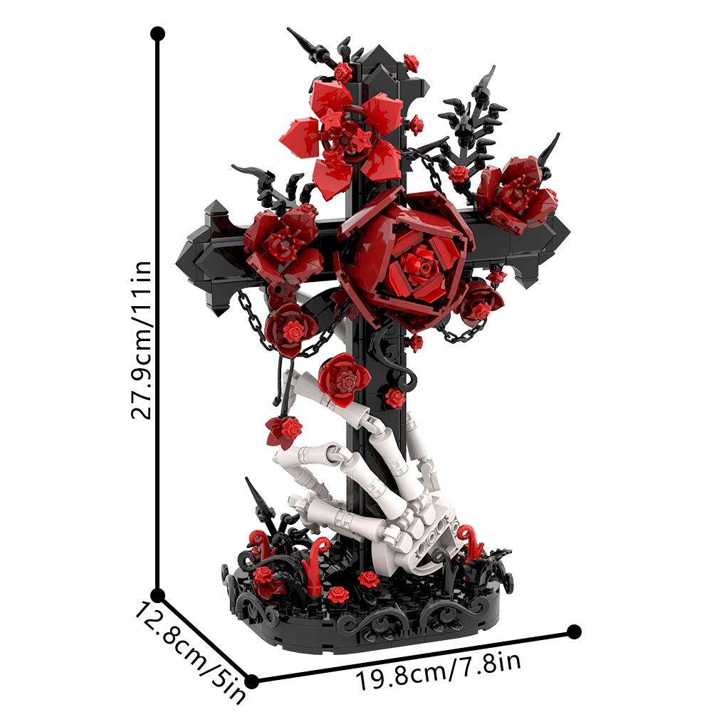 MOC Modello Bouquet Teschio Gotico Rose Teschio Corvo Fiori Blocchi da Costruzione Decorativi Giocattolo da Assemblare a Croce Regalo per Adulti