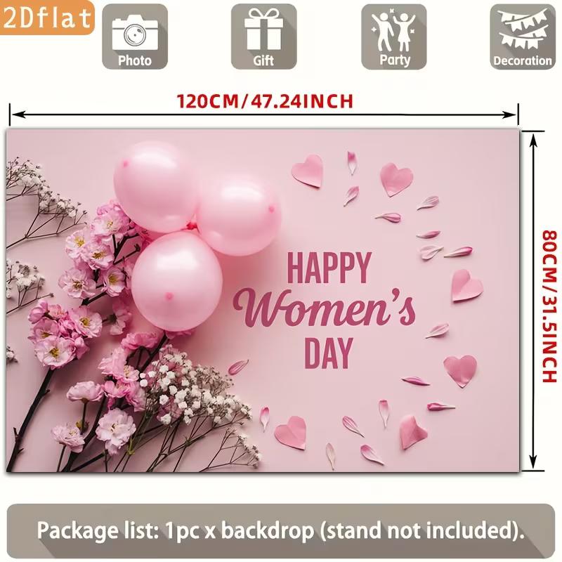2D Happy Women's Day Pink Banner - Floral & Heart Backdrop for Women's Day Photoshoot
