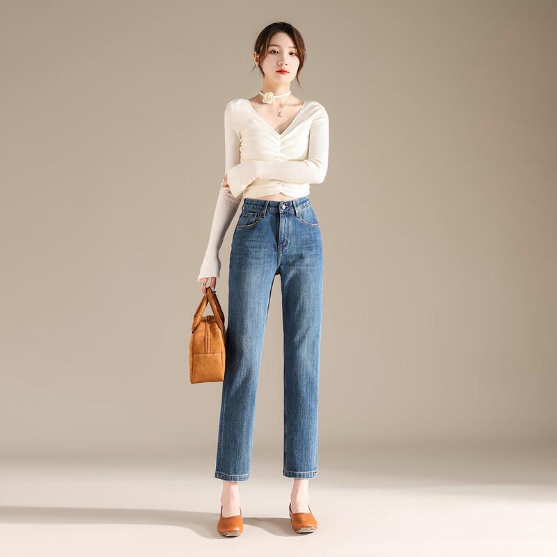 RAIN.CUN Women's High-Waist Slim Straight Cropped Jeans