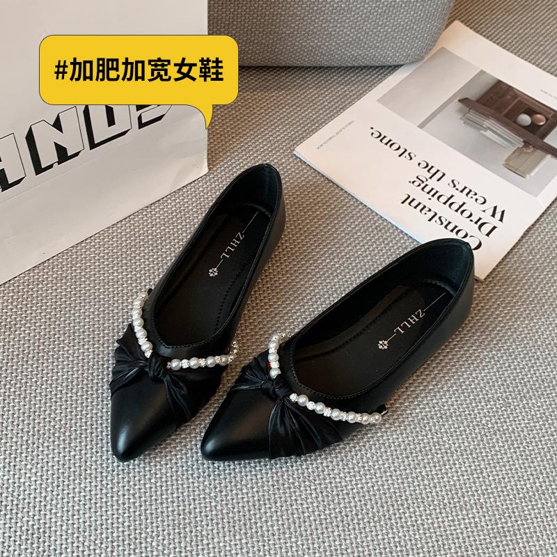168844 French pearl single shoes women's summer pointed head flat bottom four seasons laden shoes widened and fattened large size women's shoes 4143