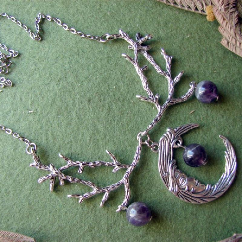 Gothic Purple Crystal Crescent Moon Branch Necklace Pendant