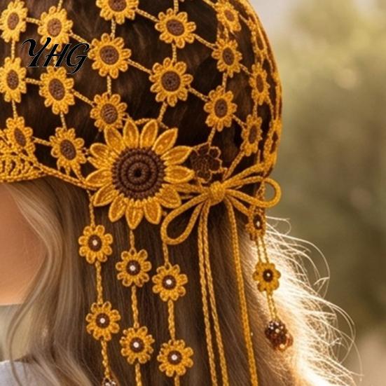 Hand Crocheted Floral Cap Sunflower Baseball Cap, Bohemian Tassel Bell Hat, Handmade Knit Cutout Spring Summer Fashion Beanie Caps, Colored