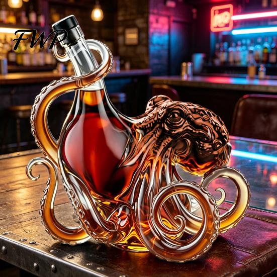 Octopus Wine Bottle 3D Whiskey Decanter, Nautical Art Collectible Bottle, 350ml Glass Unique Design Decorative Liquor Home Bar Decanter for