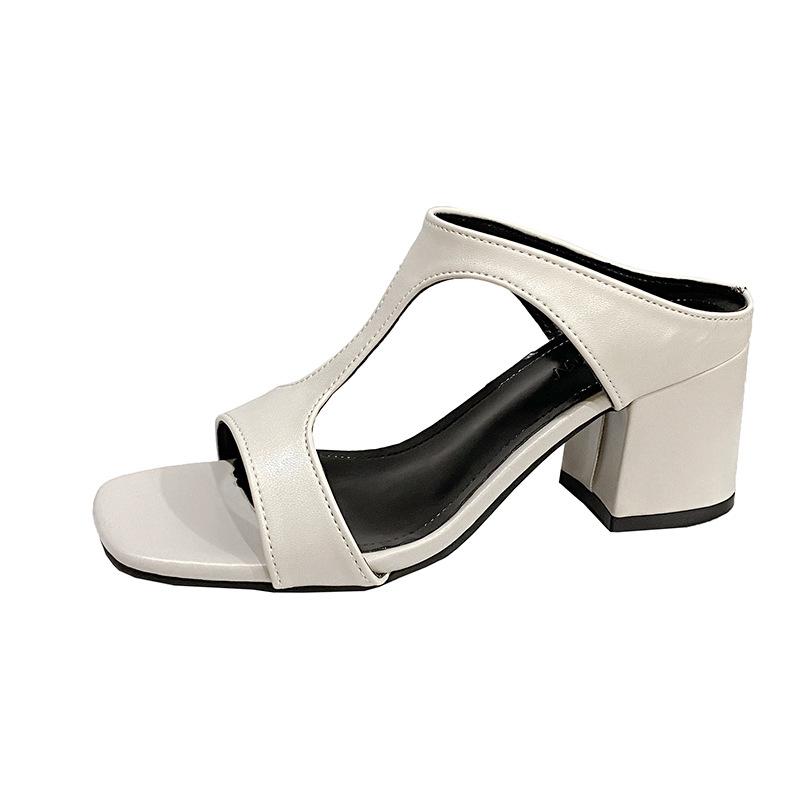 Summer New Thick-heeled Slippers Women's Outer Wear Square Head Open-toed One-word Drag Large-size High Heels