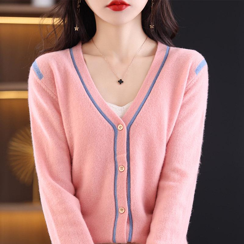 Women's V-Neck Color-Block 100% Wool Cardigan - Loose, Versatile, and Stylish for Autumn/Winter 2025