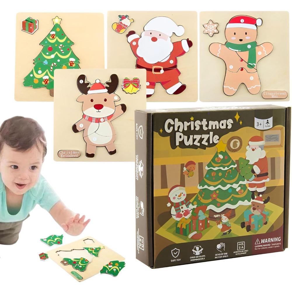 Christmas Wooden Puzzles Set for Toddler Santa Snowman Reindeer Wooden Puzzle for Kids Xmas Stocking Stuffer Gift Bag Filler