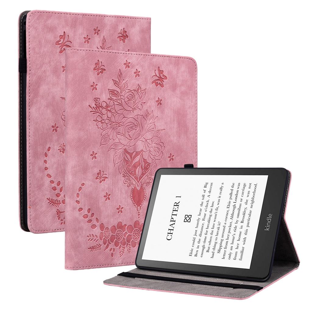 For Amazon Kindle Paperwhite (2024)/Kindle Colorsoft Leather Case Card Holder Rose Flower E-Reader Cover