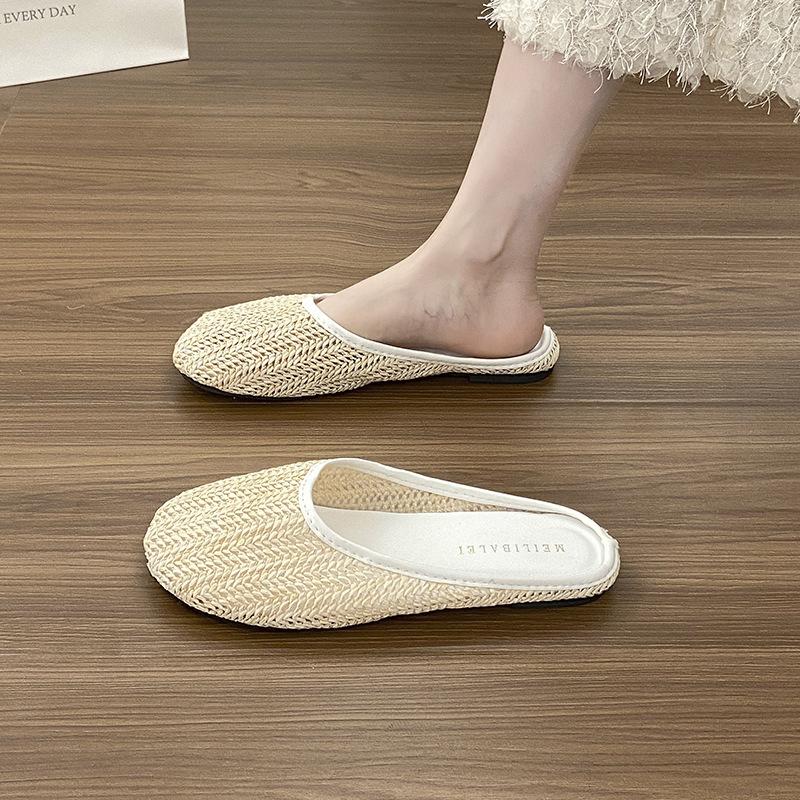 Mori Urlaubsstil Tasche Kopf gewebte Halbschuhe Damen 2025 Sommer neue Kleidung atmungsaktiver runder Kopf lässige coole Hausschuhe