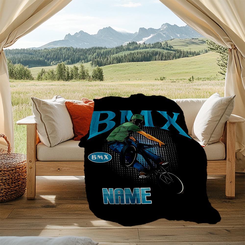Bmx Rider Performing Extreme Tricks Personalized Outdoor Blanket Personalized Text Ultrasoft Great For Picnics Outdoor Travel And Camping Sofa Office