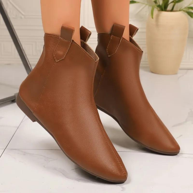 New Fashion Women'S Vintage Booties Fall Fashion Pointed Toe Rear Zip Soft Leather Low Follower Single Boots