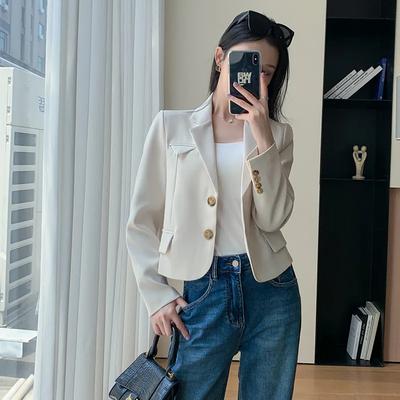 Women's Cropped Blazer Notched Lapel Two Button Short Suit Jacket with Pockets