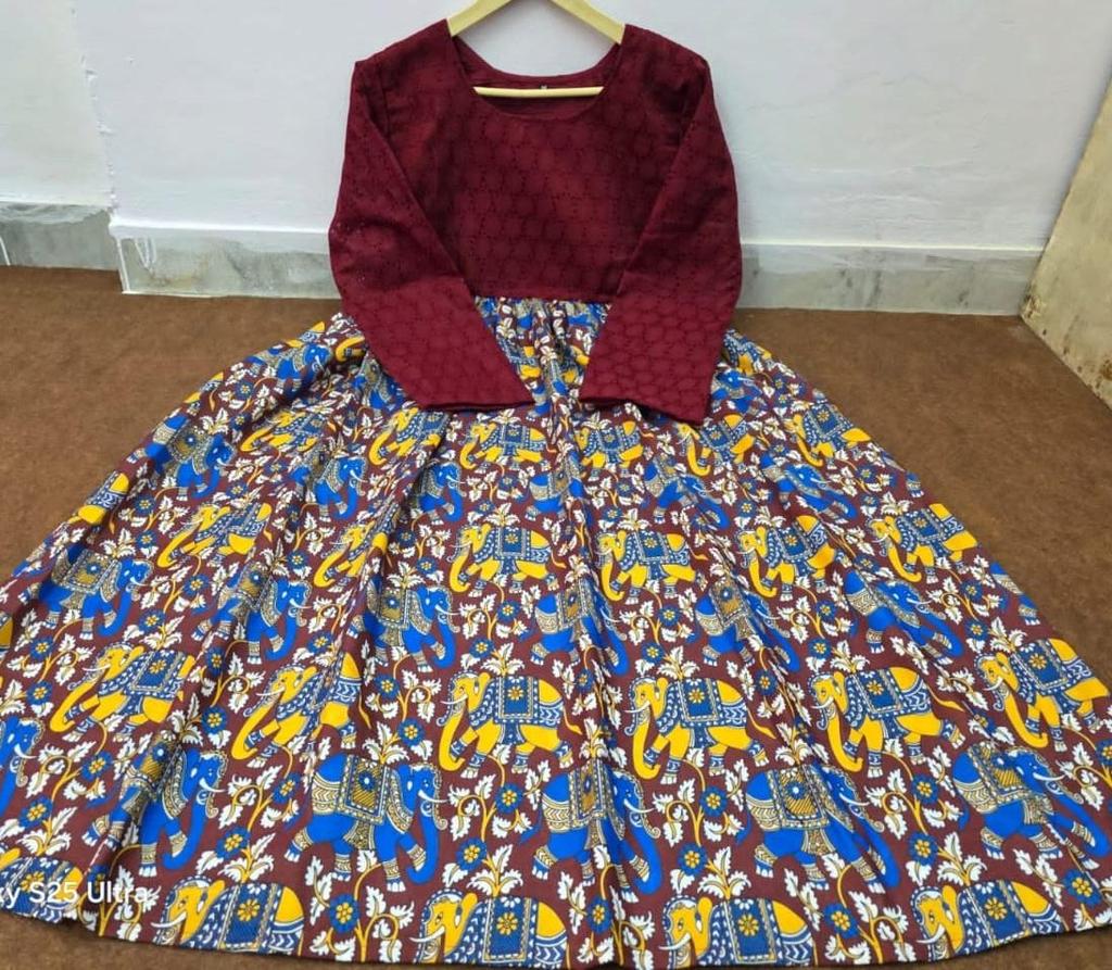 Beautiful Printed Chicken Shifli Cotton Midi Gown Dress Indian Party Wear Tunic Kurti Kurta