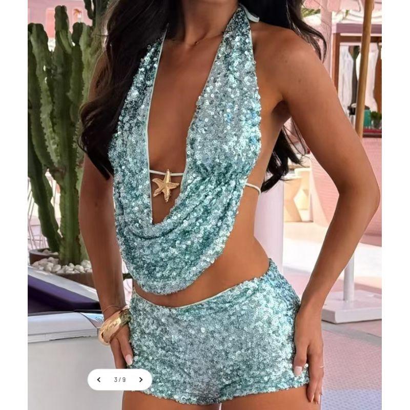 

2025 Европейские и американские новые продукты Топ с подвеской на шею Облегающий Темпераментный Стройнящий Пляжный стиль для отдыха Короткое платье Комплект с шортами 268 Blue Stars shorts Suit L