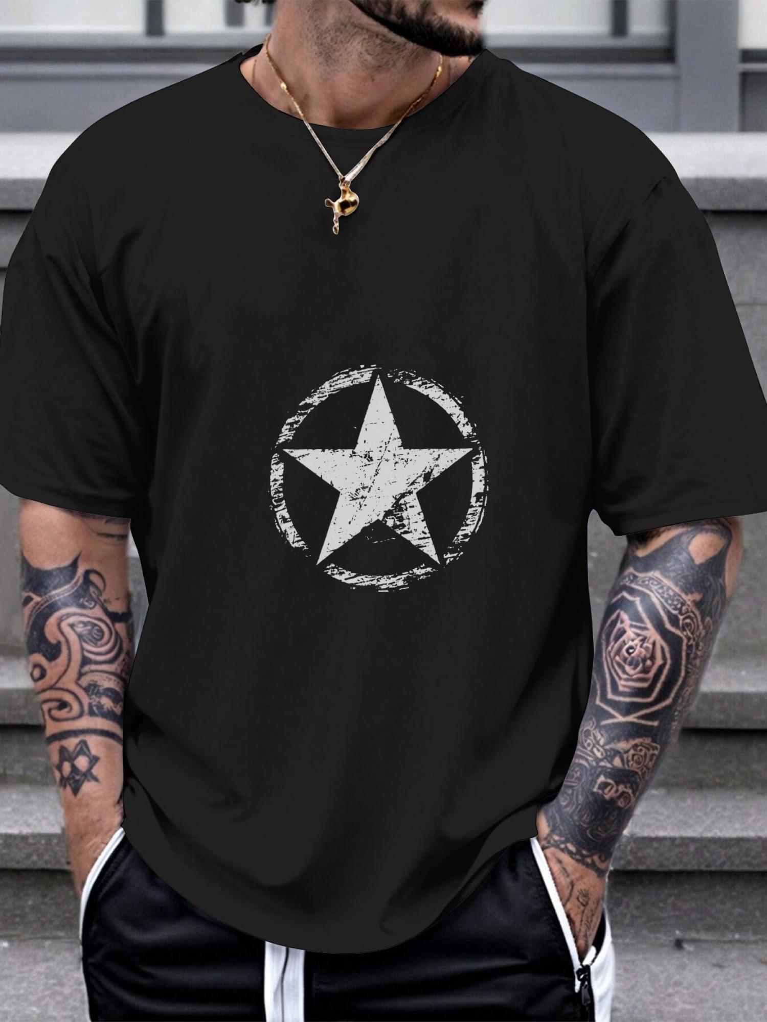 1pc Distressed Grungy Army Star Graphic T-shirt - 180g Cotton Crew Neck Short Sleeve XL