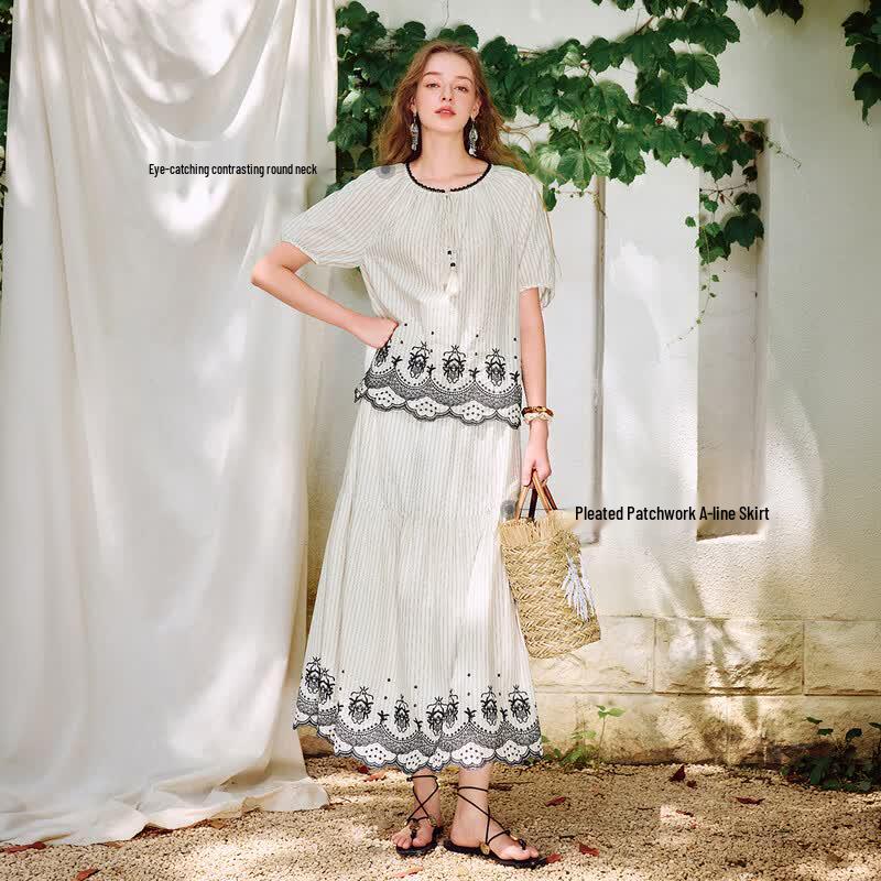 Women's Embroidered Striped Two-Piece Skirt Set