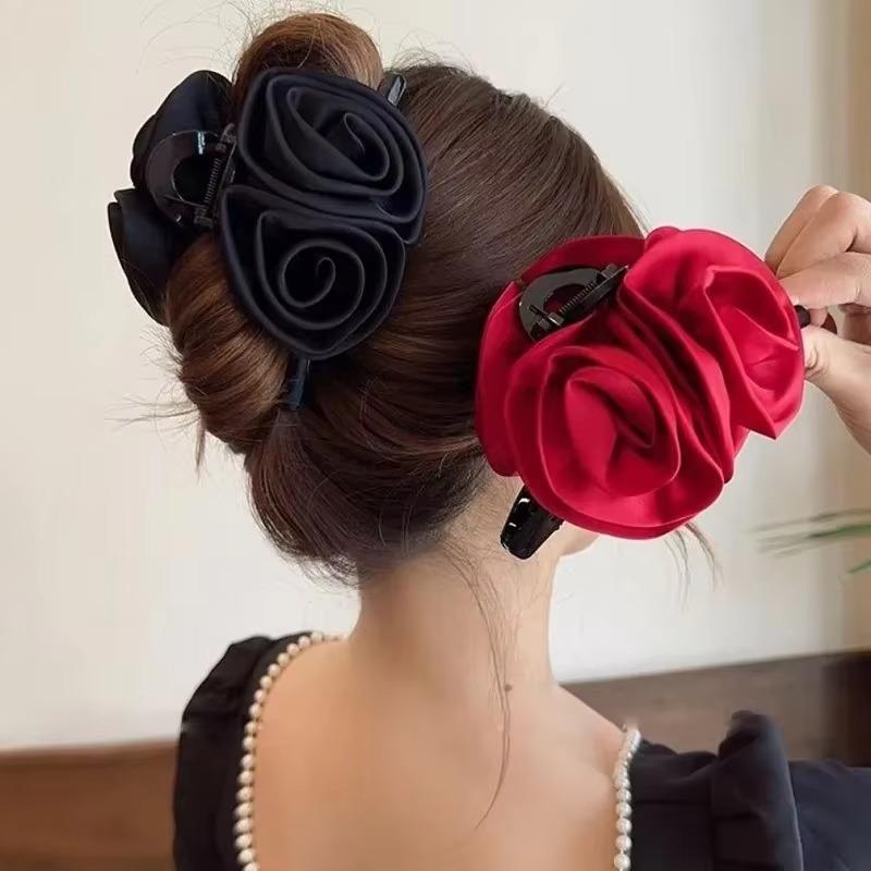 French Big Double Rose Flower Hair Claw Clips for Women Girls Vintage Satin Solid Fabric Handmade Shark Hairgrip Accessories New