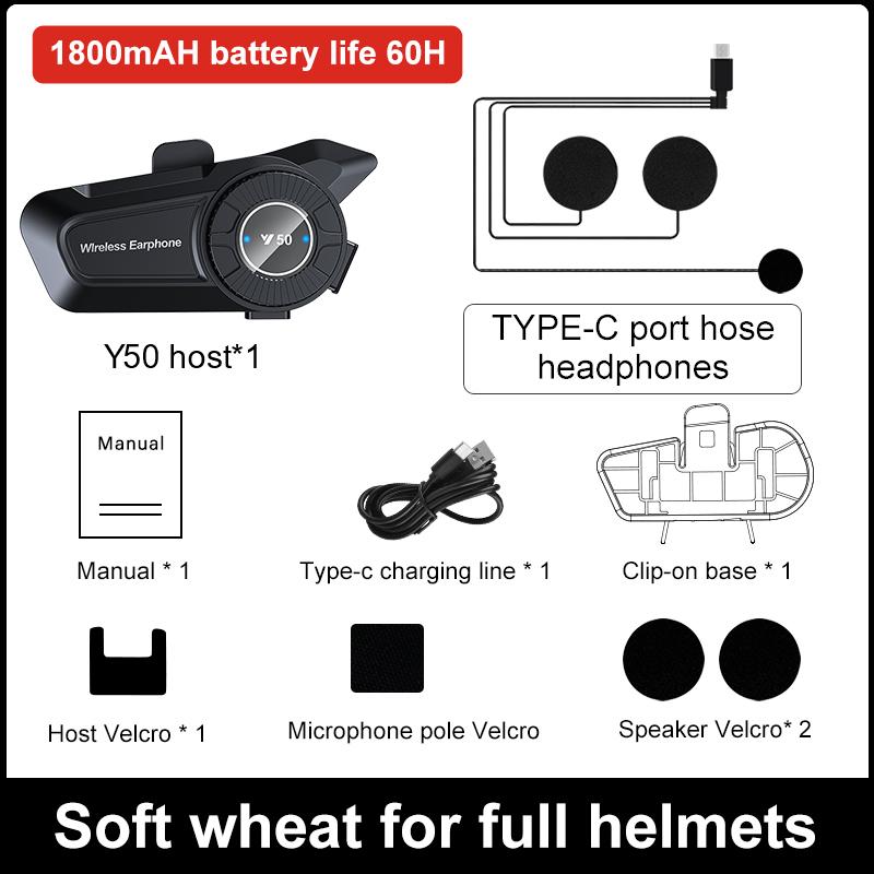 Y50 Motorcycle Helmet Bluetooth Headset 1800mAh 60H Long Battery Life IPX6 Waterproof Anti-Freezing Music Player Earphone