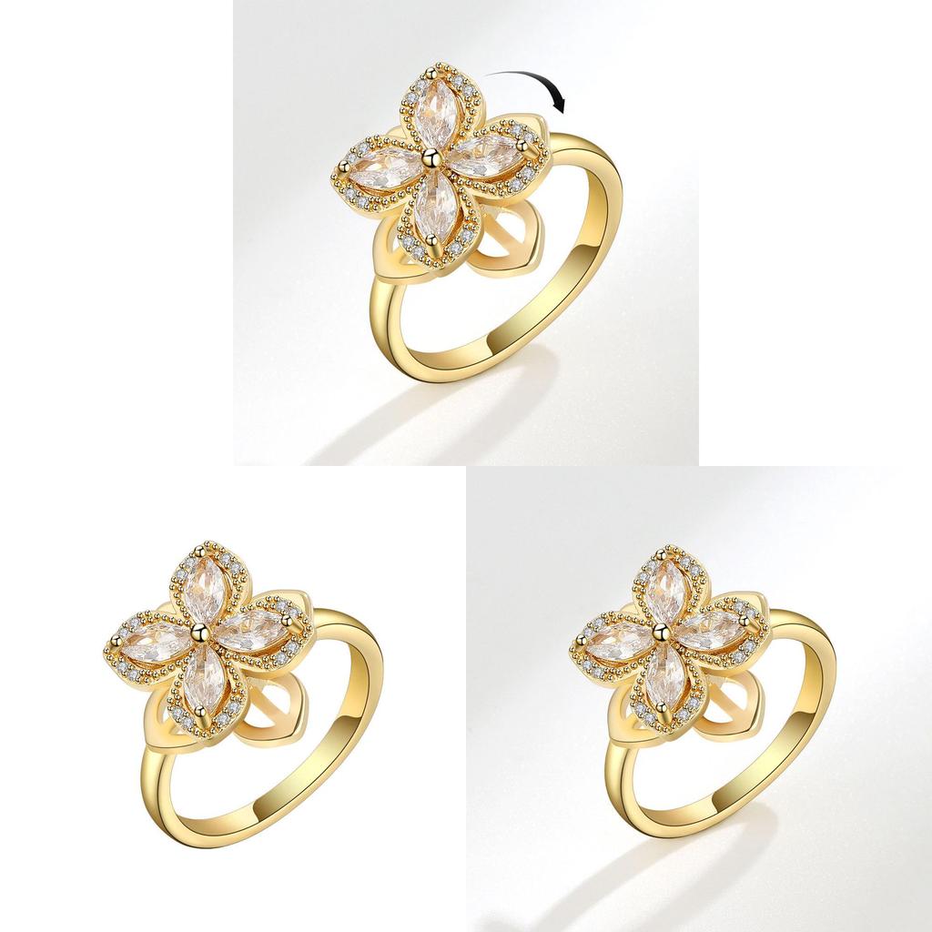 Geometric Flower Zircon Adjustable Ring For Women With Electroplated Copper Hand Jewelry