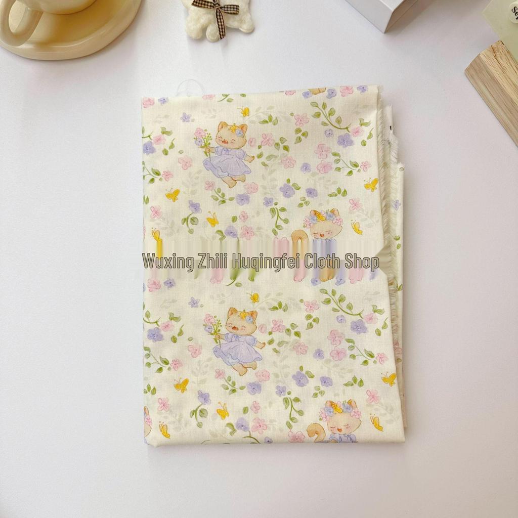 100% Cotton Korean Style Cartoon Kitten Floral Fabric for Women's & Children's Clothing, Family Outfits, Homewear, DIY Projects