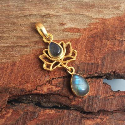 Labradorite Yellow Gold Plated Lotus Pendant 100% 925 Sterling Silver Handmade Jewelry