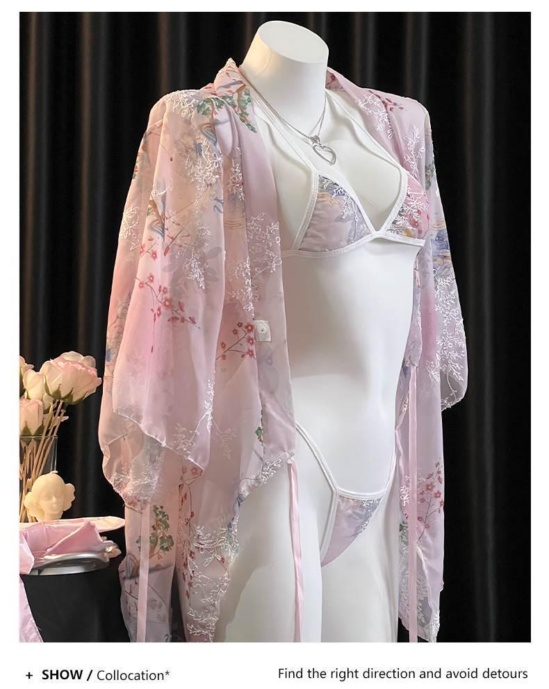 Elegant Japanese Chiffon Kimono Nightgown with Bow Embroidery