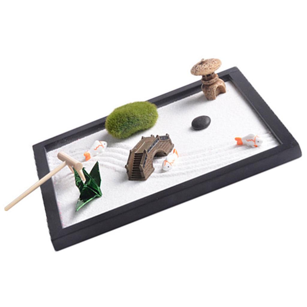 Zenes Garden Set for Desk with Rakes,Sand,Round Base,Miniature Pagoda Figure,Small Bridge Japanese Zenes Sand Garden