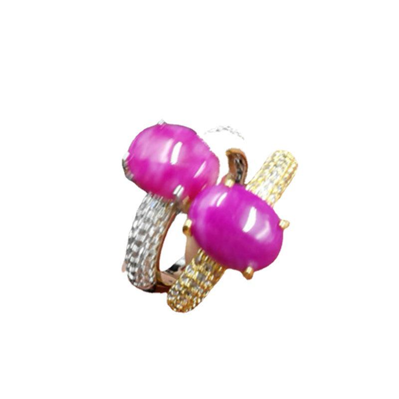 Women's Adjustable Pink Jade & Peach Blossom Cabochon Ring with Imitation Sugilite & Inlaid Diamonds