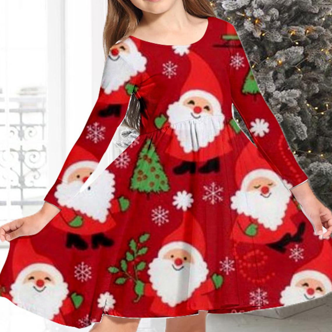 

Весеннее повседневное красное платье с 3D-принтом Санта-Клауса для девочек, с круглым вырезом и длинными рукавами, детское платье принцессы на Рождество
