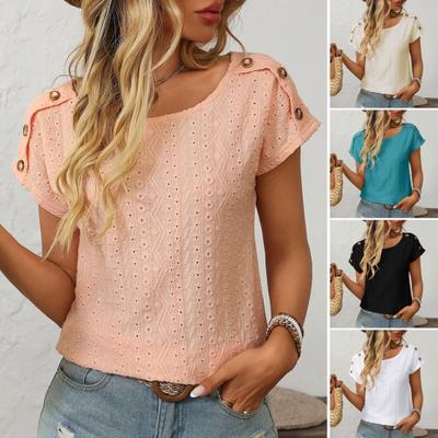 Women T-shirt Round Neck Short Sleeve Solid Color Pullover Tops Hollow Embroidery