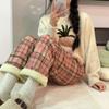Women's High Waist Plaid Straight Pants Loose Fleece Lined Warm Casual Wide Leg Trousers For Winter Student Daily Commute Wear