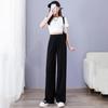 Women Ice Silk Pants Elastic High Waist Adjustable Drawstring Straight Wide Leg Pants Solid Color Long Trousers Daily Wear