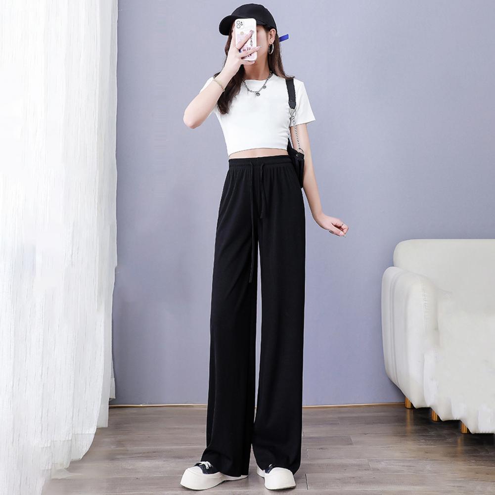 Women Ice Silk Pants Elastic High Waist Adjustable Drawstring Straight Wide Leg Pants Solid Color Long Trousers Daily Wear