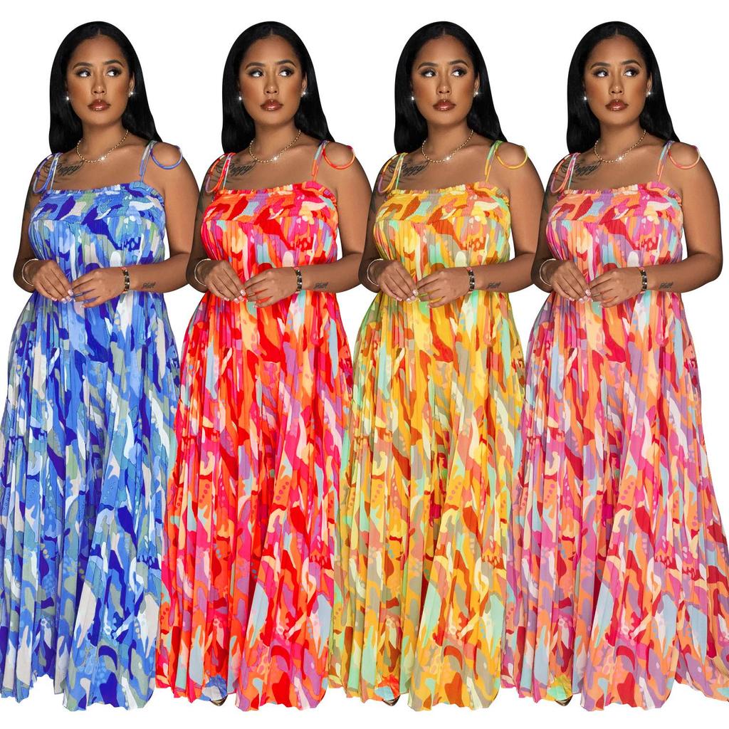 Women's Fashion Sexy Printed Strappy Pleated Wide-Leg Jumpsuit