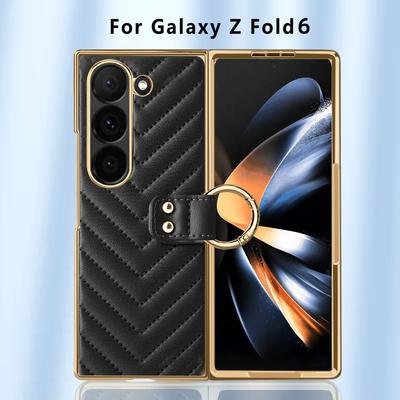 Samsung Galaxy Z Fold 7 dėklas su žiedu ir įmontuotu ekrano apsauginiu stiklu Moteriškas dygsniuotas odinis Z Fold 6 5 4 telefono dėklas