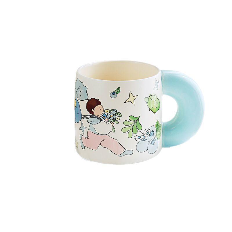 Japanese pastoral style flower boy ceramic cup couple flower coffee cup high value cute mug