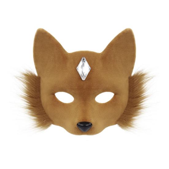 Maska Ochronna na Twarz na Imprezę Pluszowy Lis Wzór Strój Karnawałowy Maska Ochronna na Twarz z Dekoracją ze Sztucznych Kamieni Szlachetnych Halloween Cosplay Akcesorium na Przyjęcie Urodzinowe