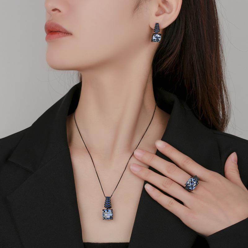 2026 New Huabi Jewelry Copper Bottom Gold-plated Simulation Nordic Blue Temperament Light Luxury Set Main Stone 14-12mm
