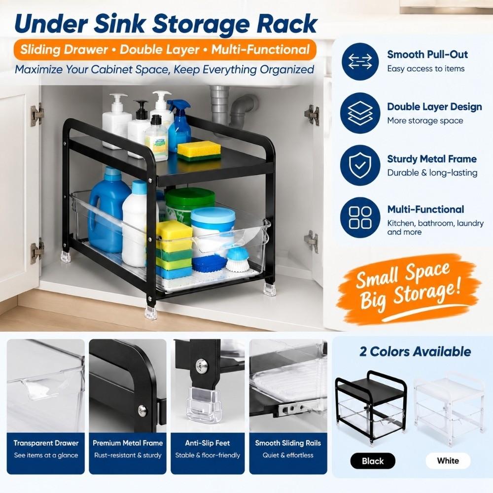 PET Clear Drawer Under Counter Organizer Anti Slip Foot Pull Out Drawer Basket for Kitchen Cabinet