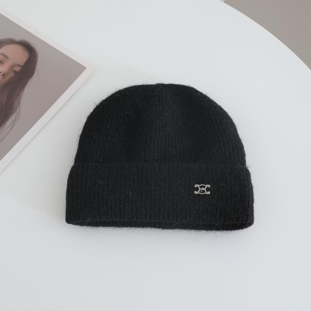 Metal Label Knitted Hats for Women's Autumn and Winter New Products Warm and Thickened Cold Hats Face Enhancing Small Ear Protecting Hats